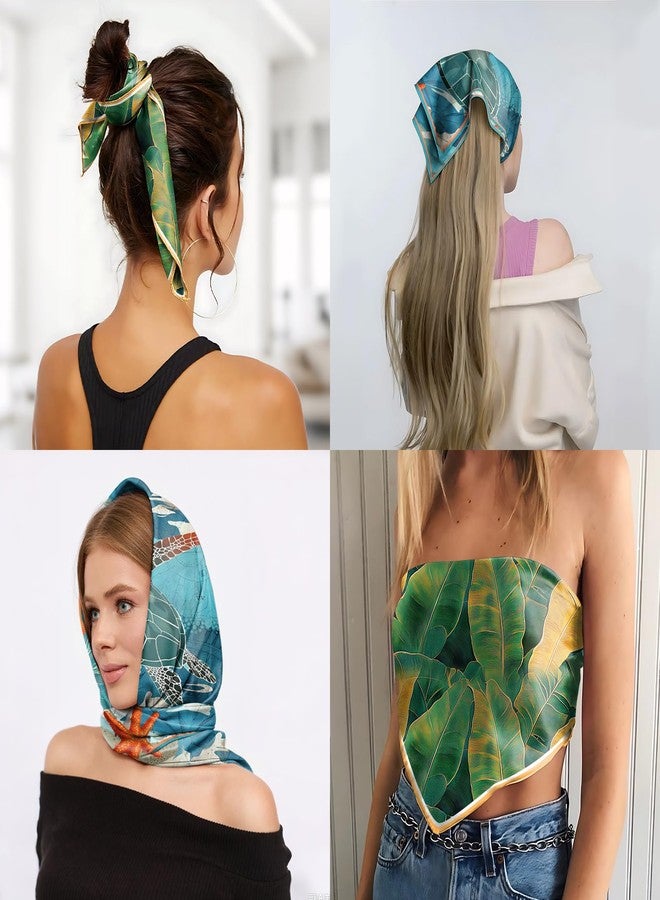 Cabreche 2 PCS Scarf Silk Feeling Square Satin Head Hair Wrap 27.5 Inches Trendy Aesthetic Cute Decoration for Women Girls-Leaf Sea Turtle - Image 5